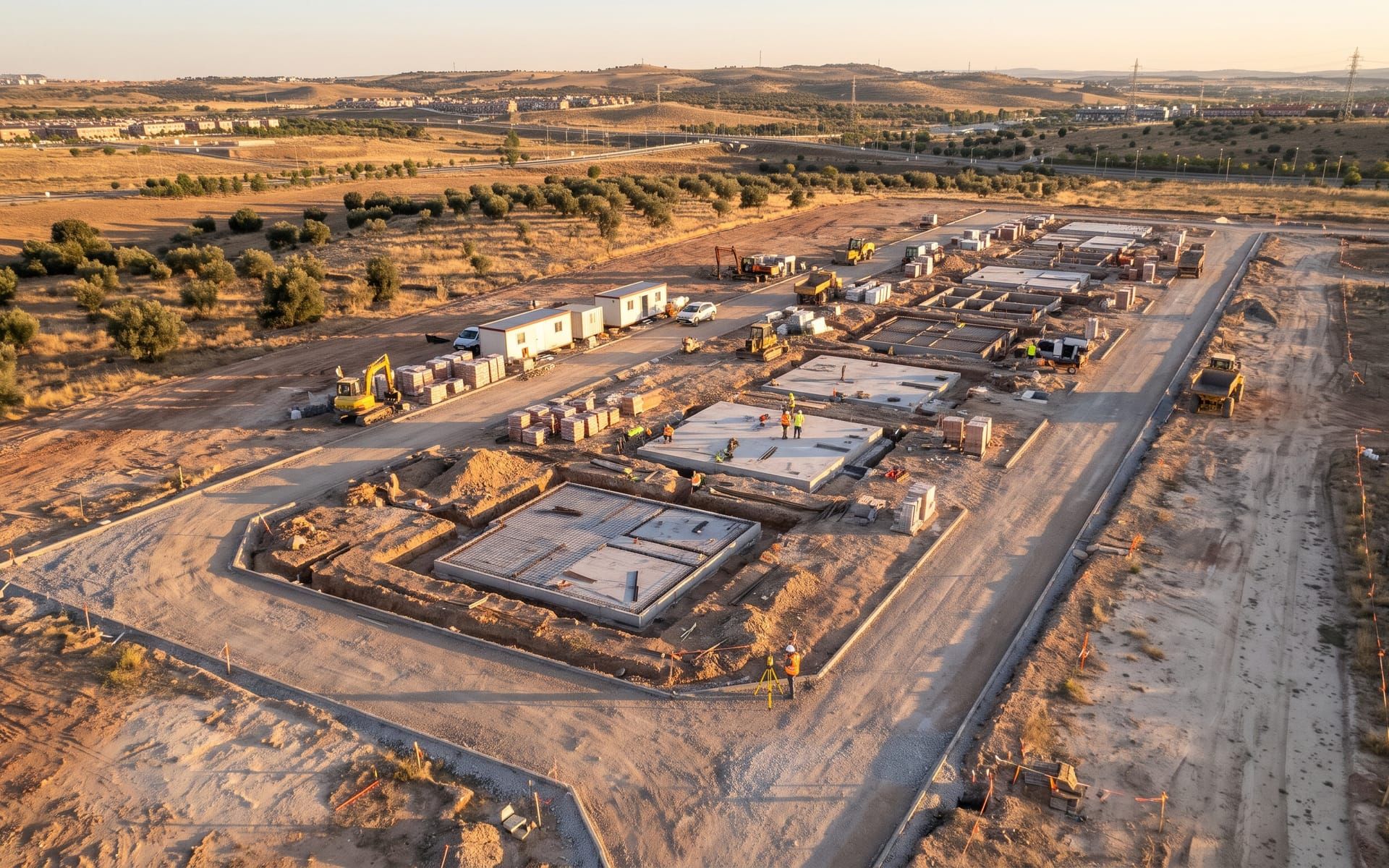Vista aérea de una urbanización en obra con cimentaciones y losas de viviendas