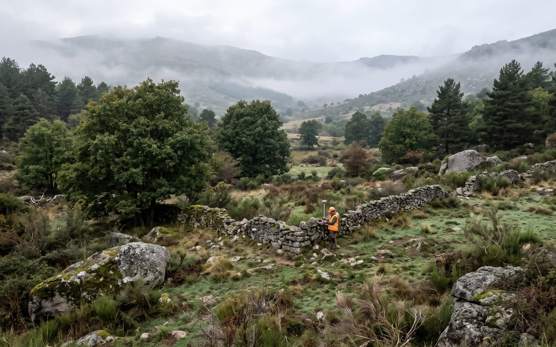 Técnico con receptor GNSS junto a un muro de piedra en una finca arbolada de un valle con niebla