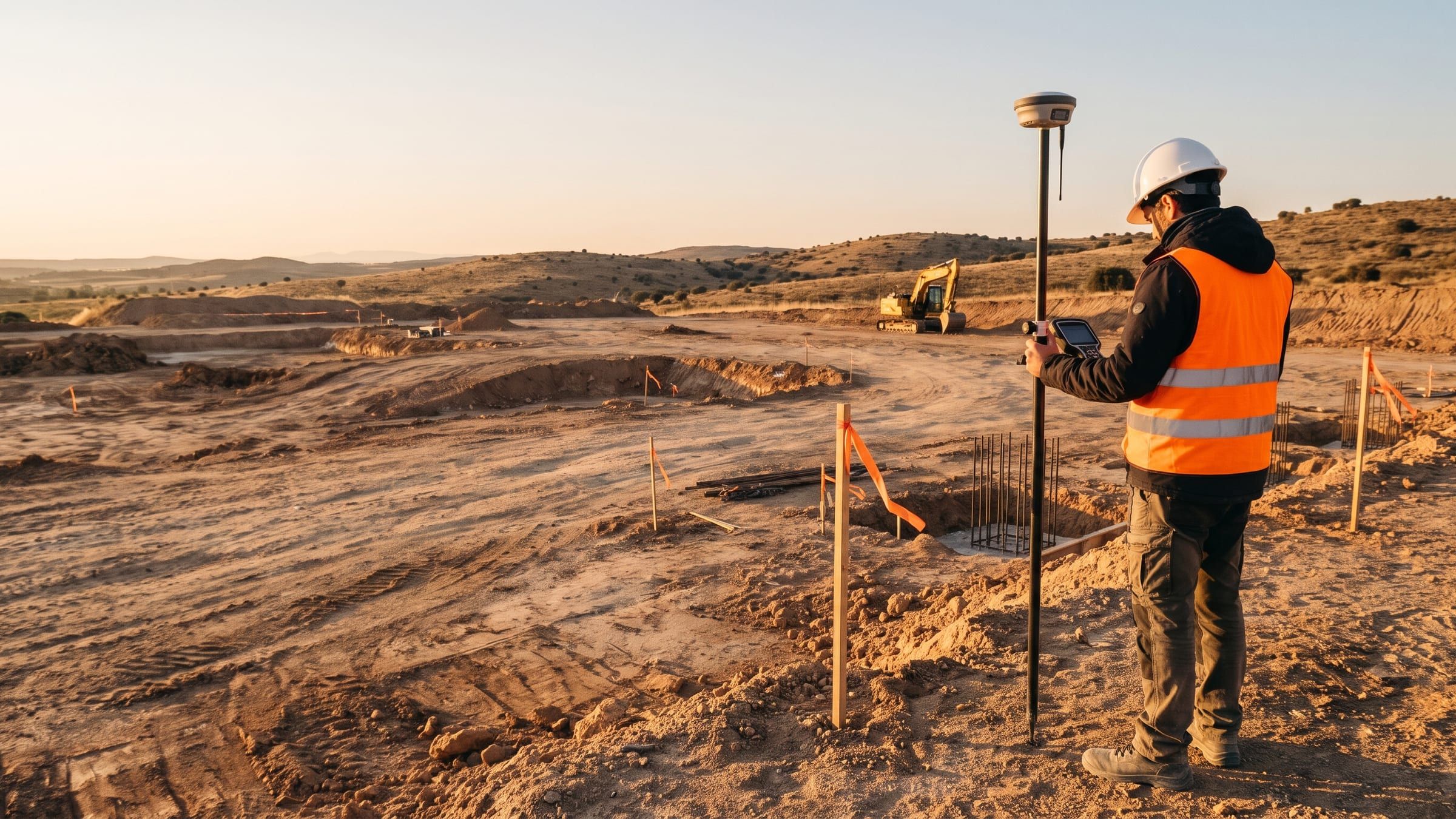 Topógrafo con casco y chaleco naranja midiendo con un receptor GNSS sobre jalón en un movimiento de tierras al atardecer