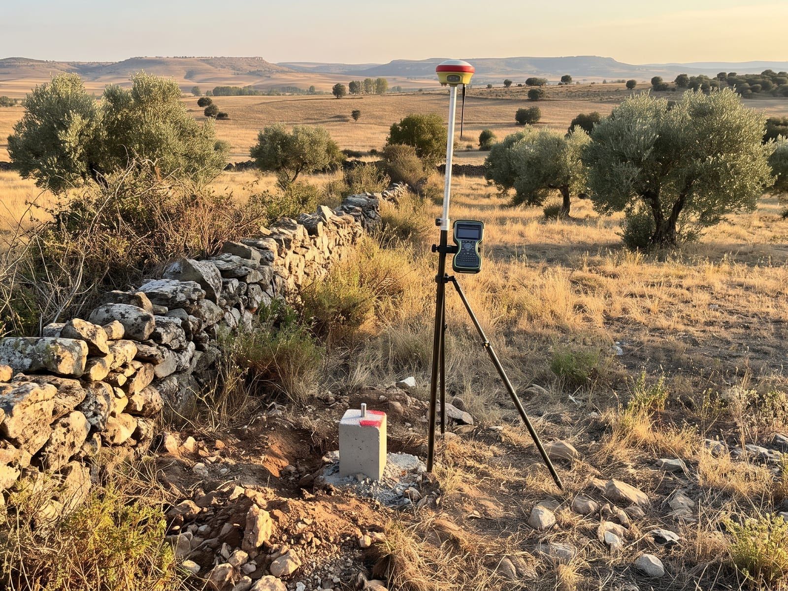 Receptor GNSS sobre jalón junto a un mojón de hormigón y un muro de piedra en una finca rústica