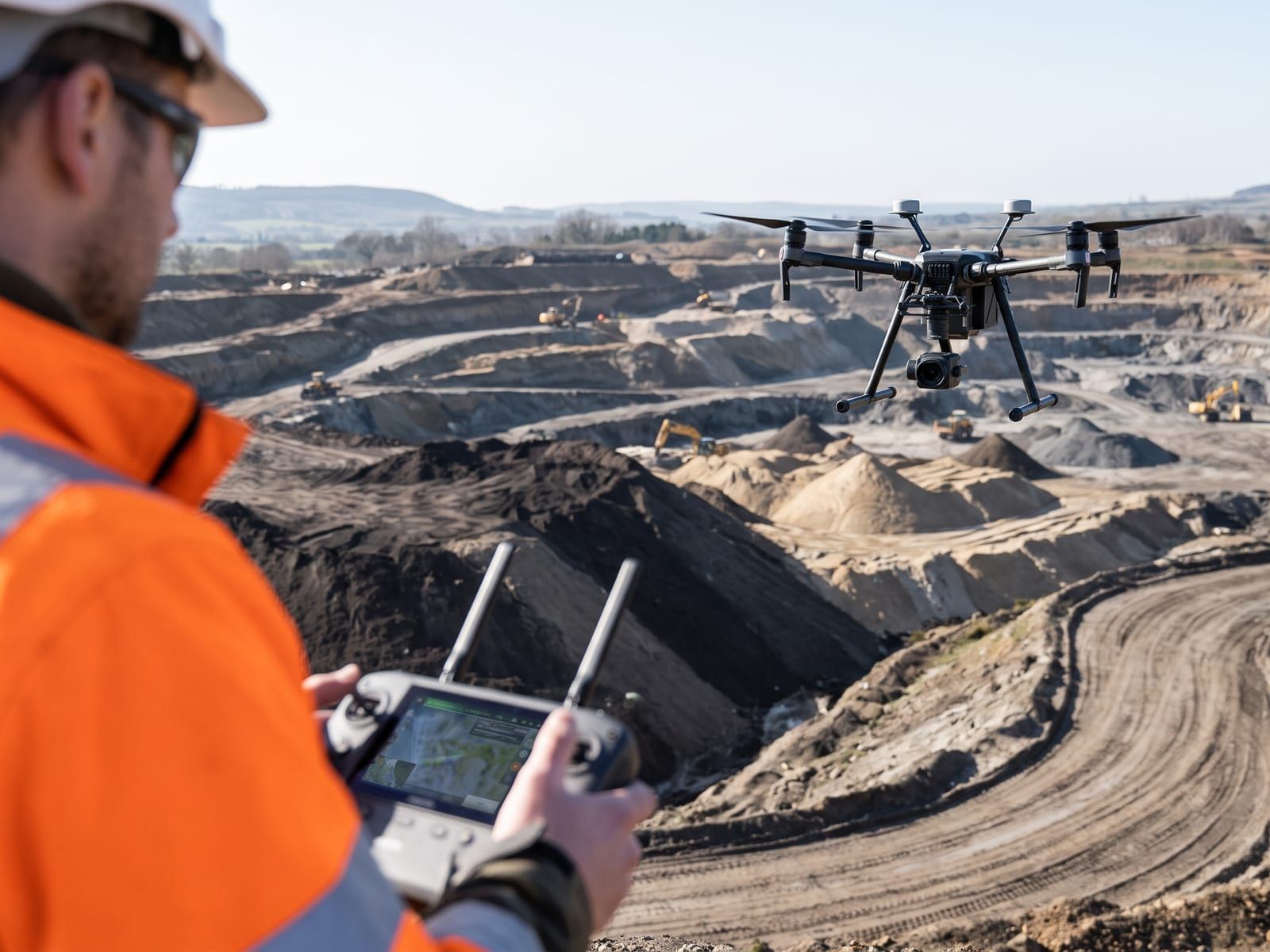 Operador con mando pilotando un dron fotogramétrico sobre una explotación con acopios de tierras