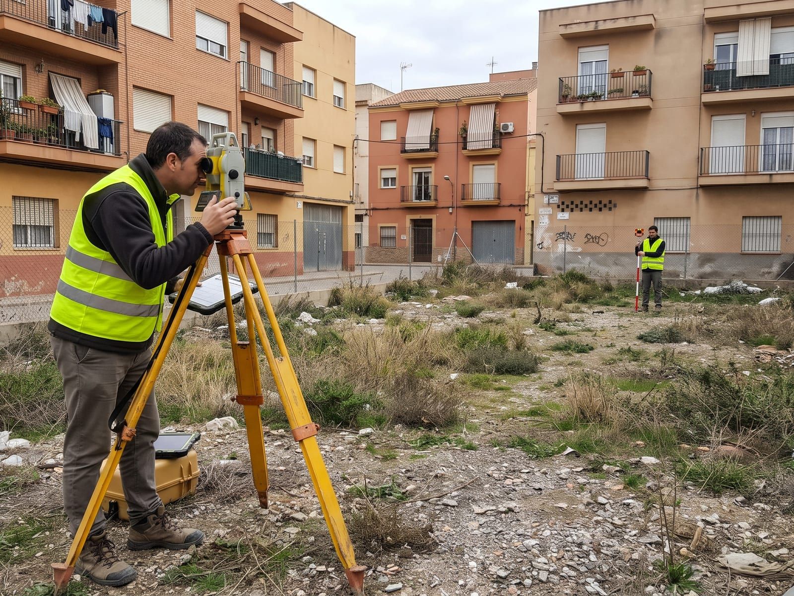 Topógrafo tomando puntos con estación total en un solar urbano, con un compañero sosteniendo el prisma al fondo